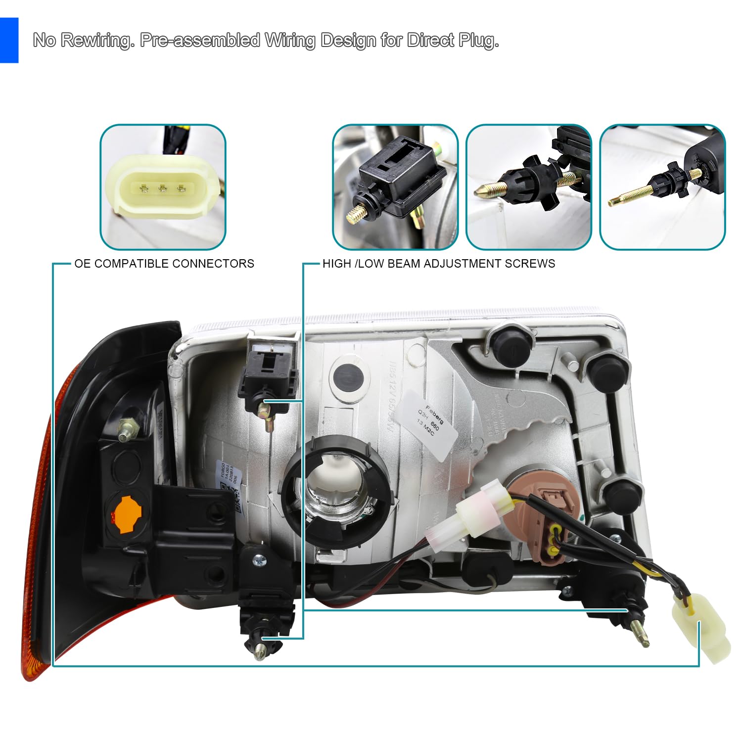 Smoke LED Tube Headlights SPEC-D TUNING Compatible with 2001-2011 Ford Ranger, Left + Right Pair Headlamps Assembly