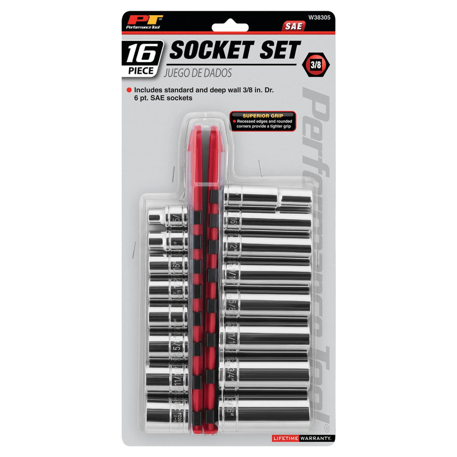 3/8-Inch Drive Performance Tool W38305 SAE Socket Set, 16 Piece, with Standard and Deep Wall 6pt Sockets