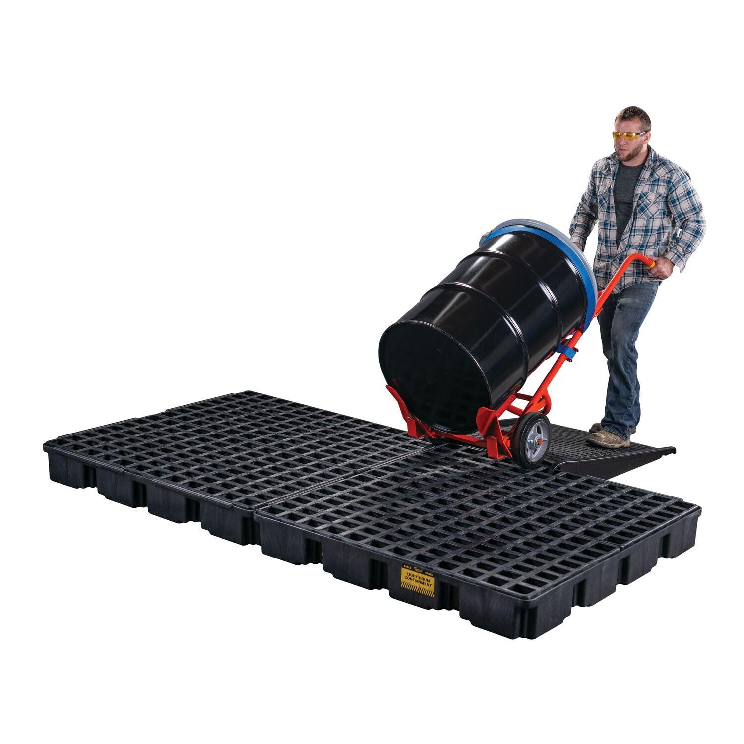 Eagle Drum Spill Platform 8 with Drain and Forklift Pockets, 103.5"x51.5"x6.5", 121 Gallon Sump, 10,000 lbs. Load Capacity Containment Tray, Made in USA, Black, 1688B