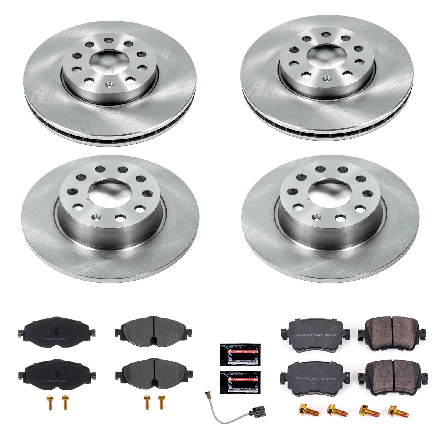 Power Stop KOE8363 Front and Rear Replacement Brake Kit-OE Brake Rotors & Ceramic Brake Pads and 1 Front Sensor Wire For VW Golf, VW Golf SportWagen [Model Specific]