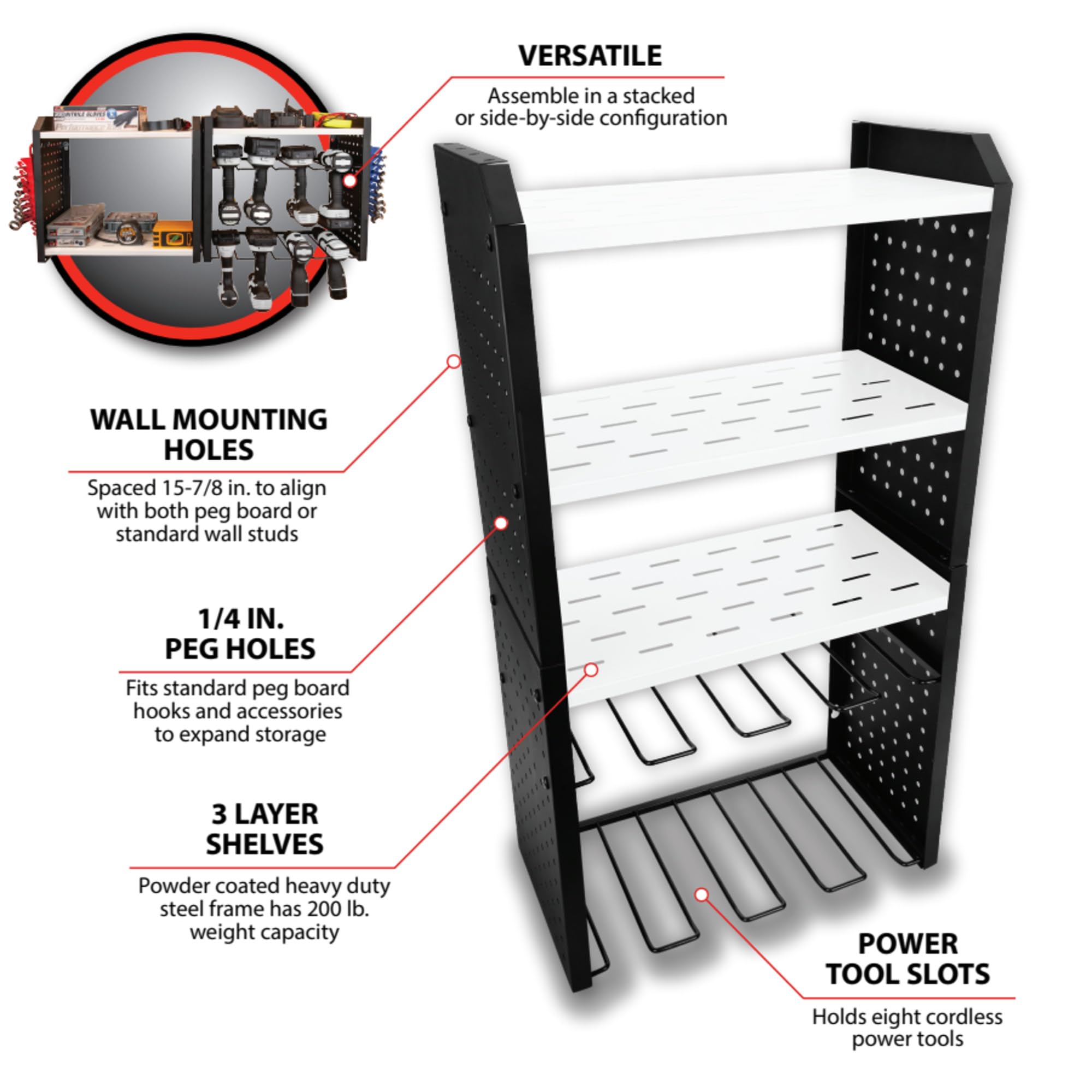 W7704 Performance Tool 17-in Five Level Power Tool Storage Rack: 200 lb Limit, 9-Gauge Solid Steel Frame, Baked on Powder Coat Finish with 1/4-in Peg Holes, For Garage/Home, Black/White