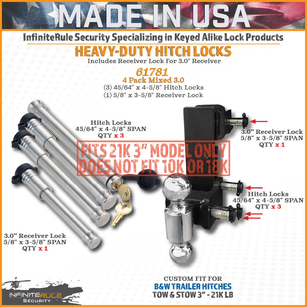 4 Pack Mixed 3.0, Keyed Alike, Hitch Locks for 3.0" B&W Tow & Stow 21K LB - Includes Lock for Receiver 3.0"