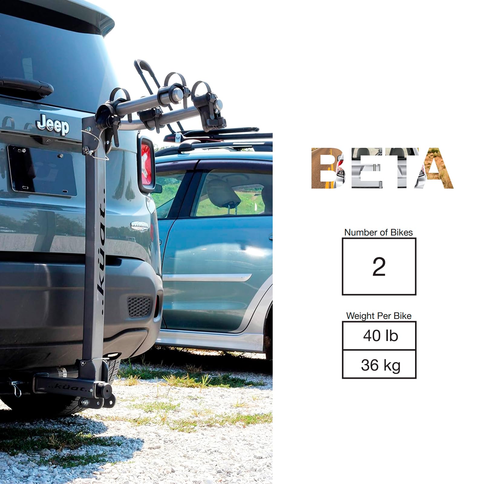 2" KUAT Beta Hitch-Mounted Bike Rack | Hanging-Style Durable Lightweight Aluminum Powder Coated Folding Tilting-Down Gray Bicycle Car Truck Transportation Hauling Rack | 2 Bike Capacity