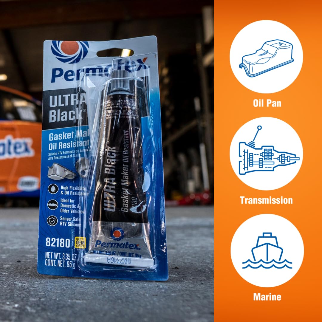 Ultra Black Permatex 82180 Maximum Oil Resistance RTV Silicone Gasket Maker, Sensor Safe And Non-Corrosive, For High Flex And Oil Resistant Applications 3 oz