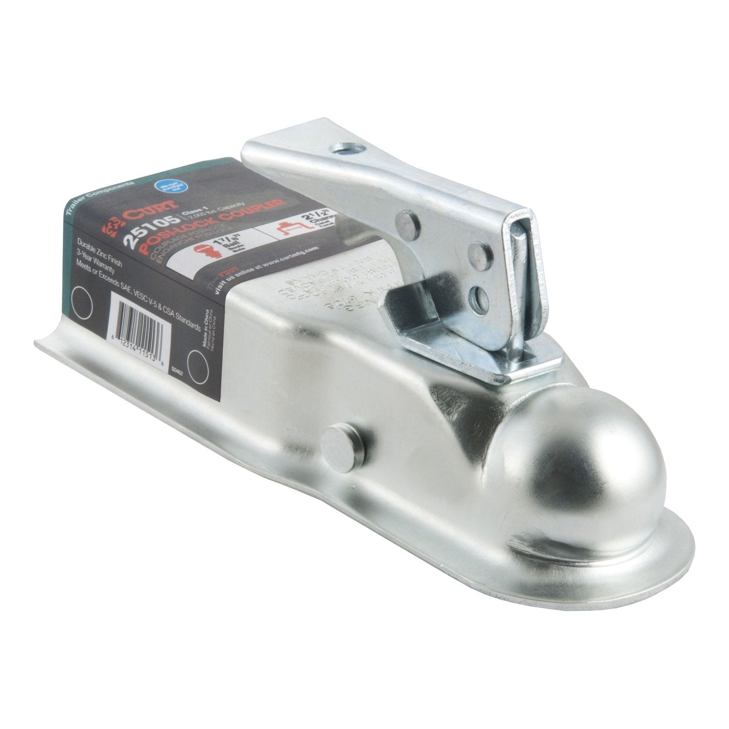 CURT Straight Tongue Trailer Coupler for 1-7/8-In Hitch Ball, 2-1/2-Inch Channel, 2,000 lbs