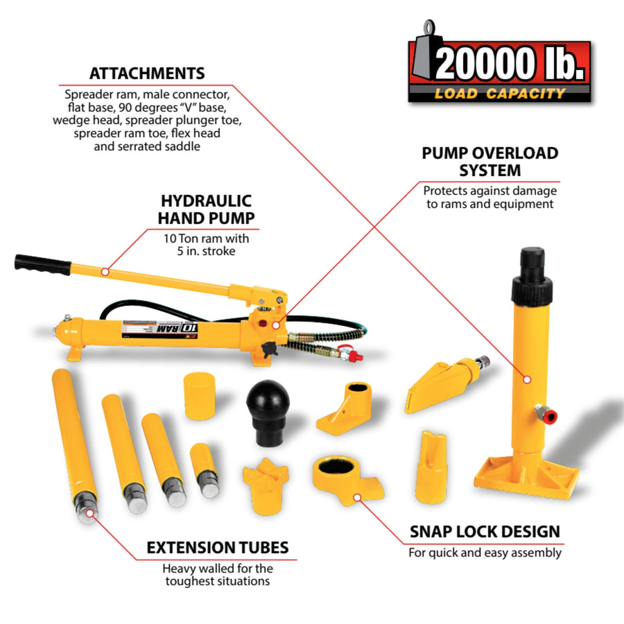 W1651 Performance Tool Hydraulic Collision Repair Kit for Vehicle Service Professionals
