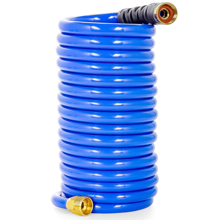 20’ Coiled Water Hose Camco | Rust Resistant with Brass Fittings | Features a 1/2-inch ID (41983), Blue