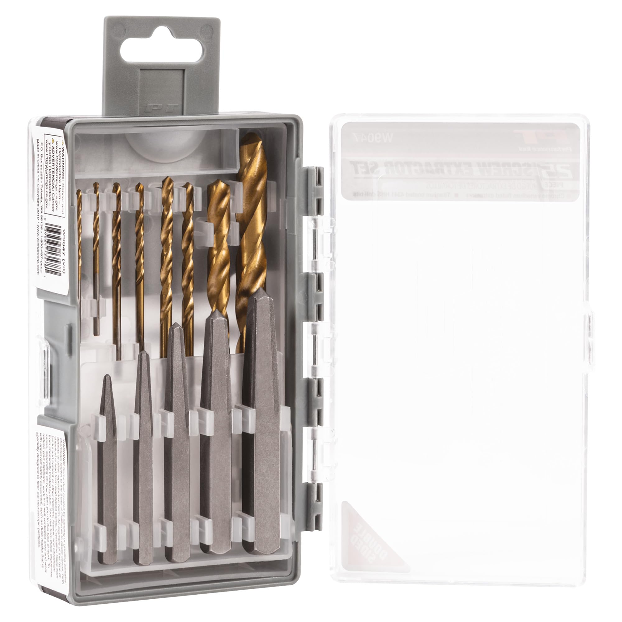 25pc Performance Tool W9047 Screw Extractor Kit with Power and Straight Flute Extractors, Drill Bits, and Driver Bits in a 2-Sided Flip Case