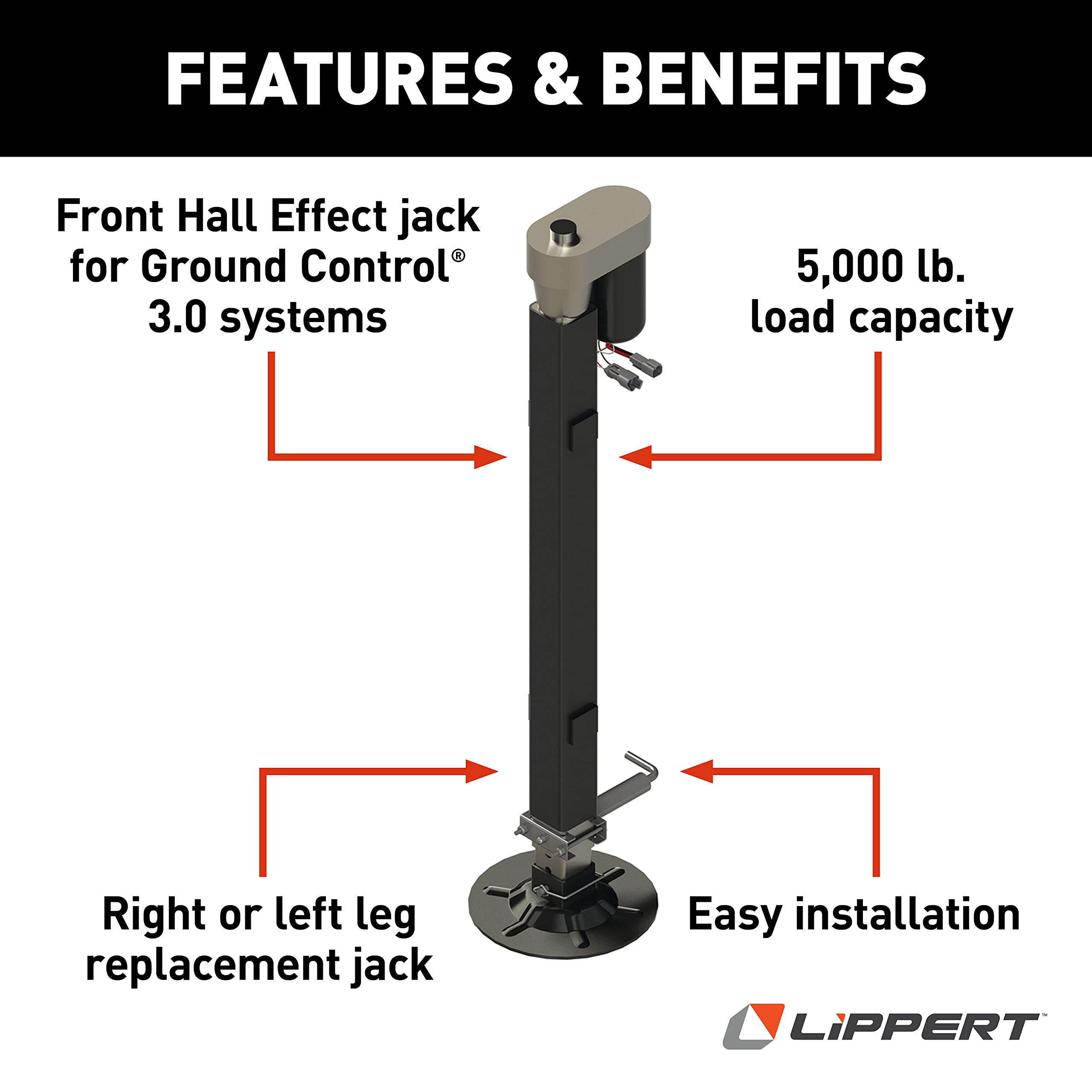 Lippert 5th Wheel Ground Control 3.0 Automatic RV Leveling System Front Hall Effect Jack for Right or Left Leg Replacement with 5,000-lb. Load Capacity - 305340