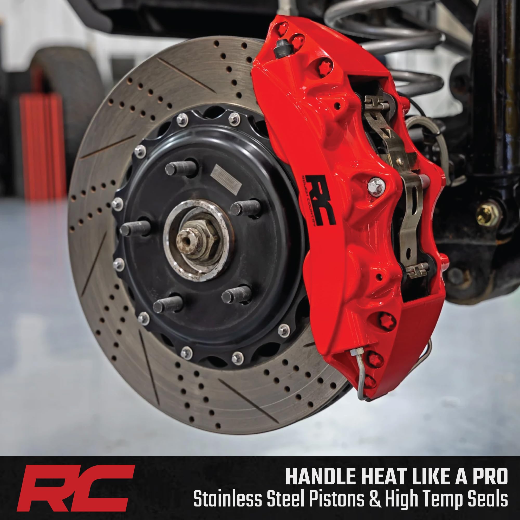 Rough Country Performance Front Brake Kit for Jeep Wrangler JL (2011-2018) - 6-Piston Calipers, Drilled & Slotted Rotors, Stainless Steel Lines, Heavy-Duty Upgrade