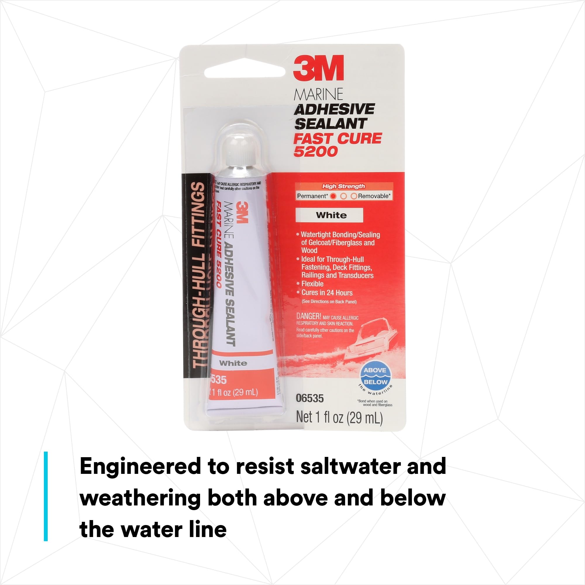 3M Marine Adhesive Sealant 5200 Fast Cure (06535) Permanent Bonding and Sealing for Boats and RVs Above and Below the Waterline Waterproof Repair, White, 1 fl oz Tube