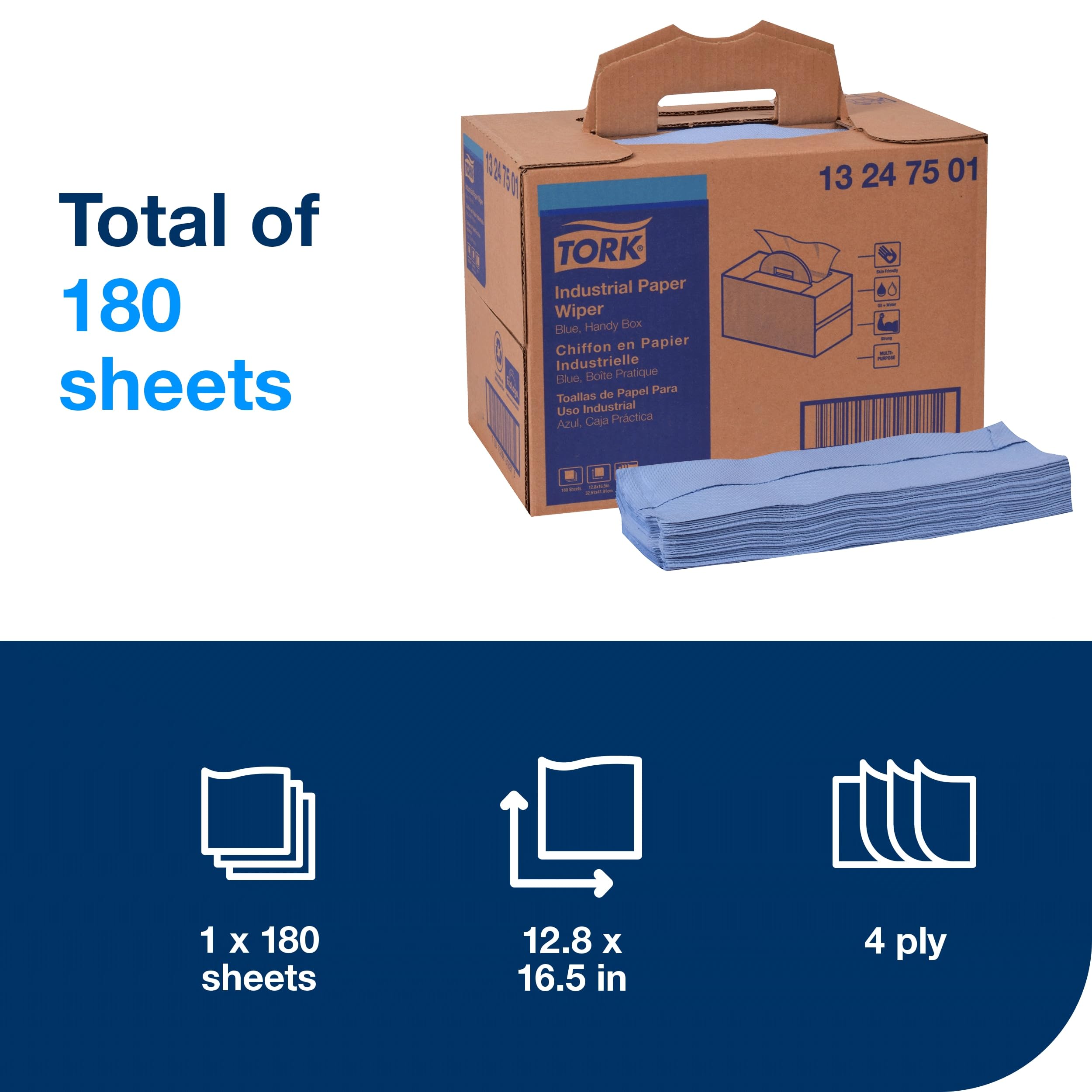 Tork Blue Industrial Paper Wiper, Handy Box W7 4-Ply, 1 x 180 Feet, 13247501