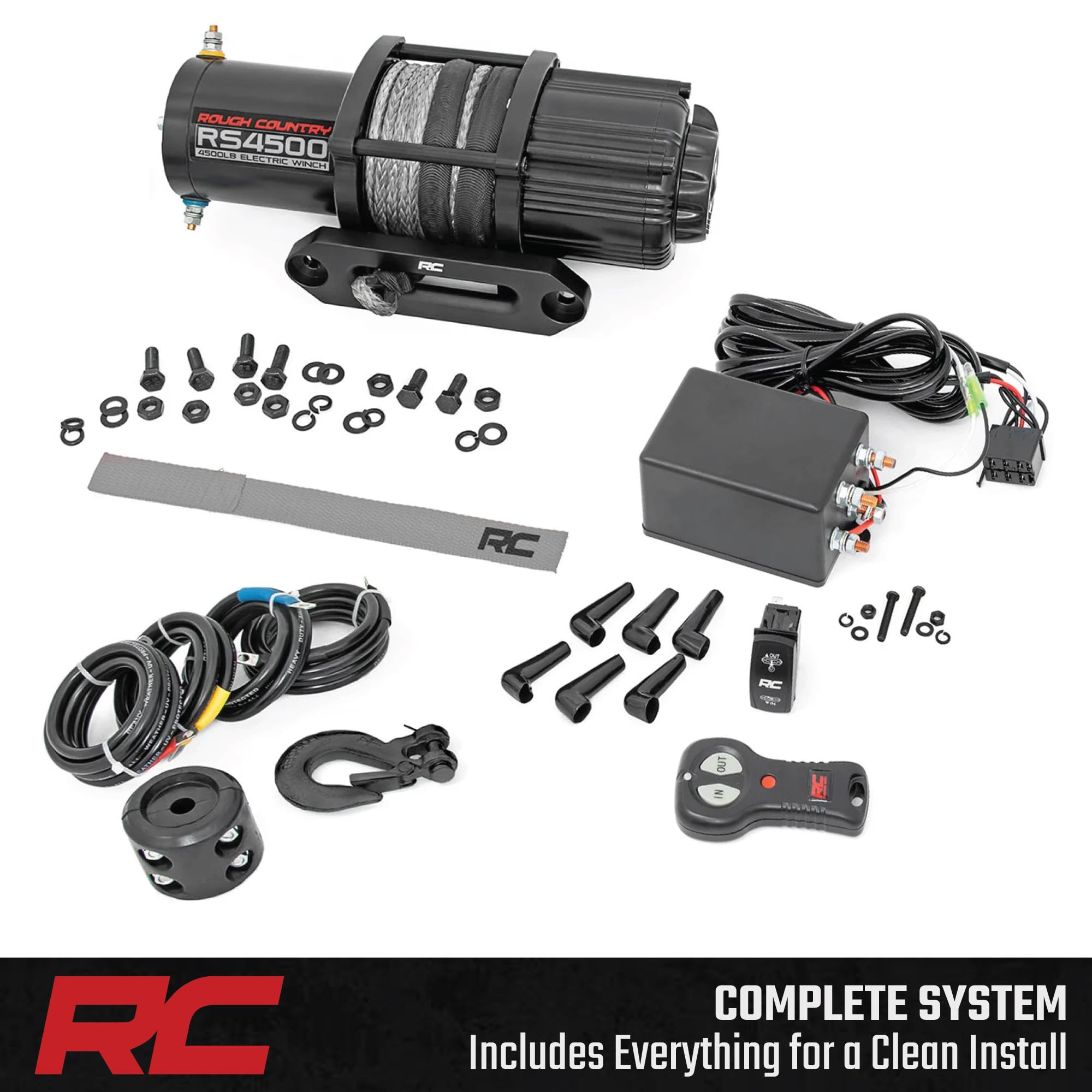 4,500 LB Rough Country UTV/ATV Winch - ProSeries 1.4HP Electric Winch with 50 Ft Synthetic Rope, Remote, Waterproof 12V Off-Road Recovery System