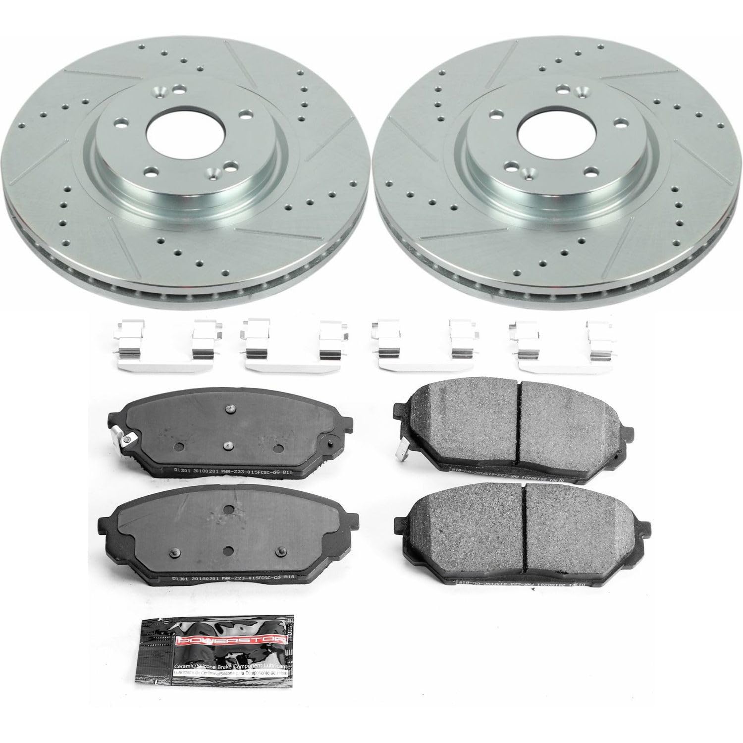 Power Stop K5918 Z23 Carbon Fiber Brake Pads Front with Drilled & Slotted Brake Rotors Kit For Hyundai Veracruz 2007-2012 [Model Specific]