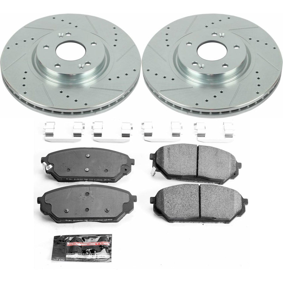 Power Stop K5918 Z23 Carbon Fiber Brake Pads Front with Drilled & Slotted Brake Rotors Kit For Hyundai Veracruz 2007-2012 [Model Specific]