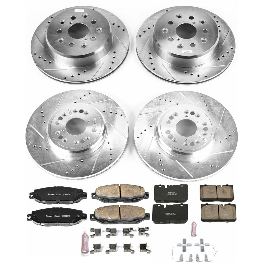 Power Stop K4337 Z23 Daily Driver Front and Rear Carbon-Fiber Ceramic Brake Pads and Drilled and Slotted Rotors Kit and 1 Front & 1 Rear Sensor Wires