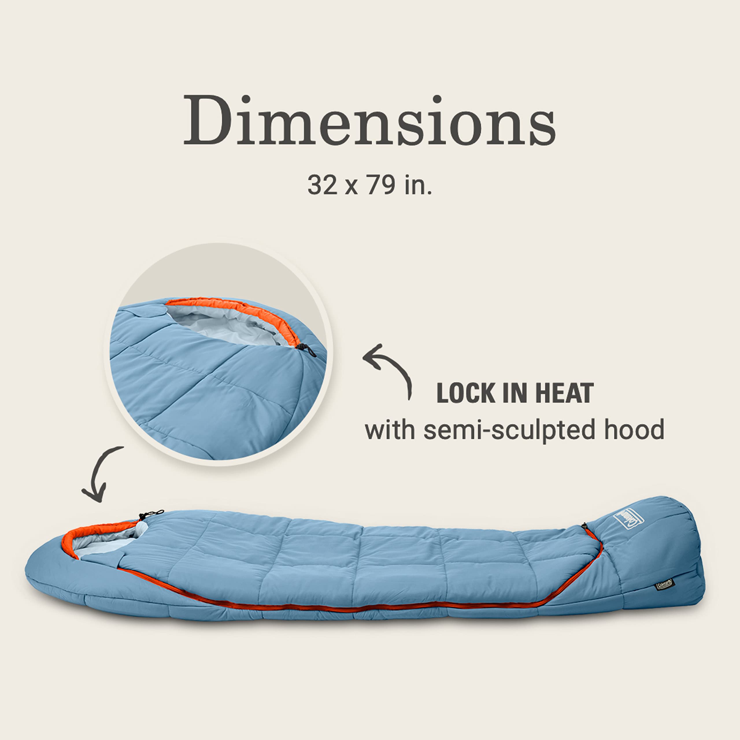 Coleman 0/20/40°F Big Bay Cold-Weather Sleeping Bag, Adult Mummy Sleeping Bag with Headrest, Foot Ventilation, & Storage Sack, Big & Tall Options