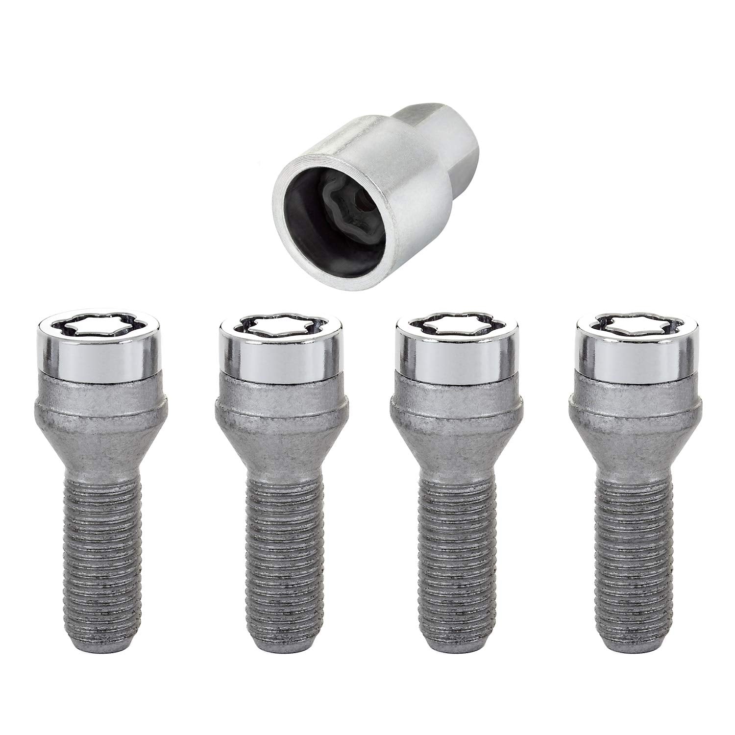 Chrome Bolt Style MCGARD 27205 Cone Seat Wheel Locks (M14 x 1.5) - Set of 4, 4 Locks / 1 Key