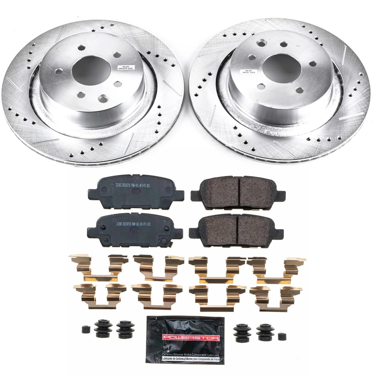 Rear POWERSTOP Z23 Carbon-Fiber Ceramic Brake Pads and Drilled and Slotted Rotors Brake Kit For INFINITI Q60 2014-2015 [Vehicle Specific]