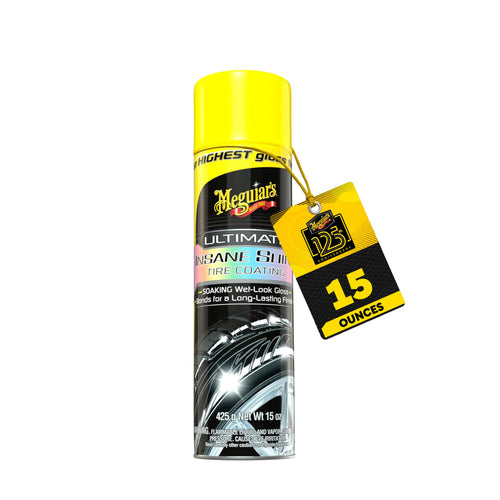 Meguiar's Ultimate Insane Shine Tire Coating, gives a Finish that Creates a Lasting Wet-Look for a Classic Black Shine, Easy to Use, No Mess, Ultimate Protection, 15 Oz Aerosol Can