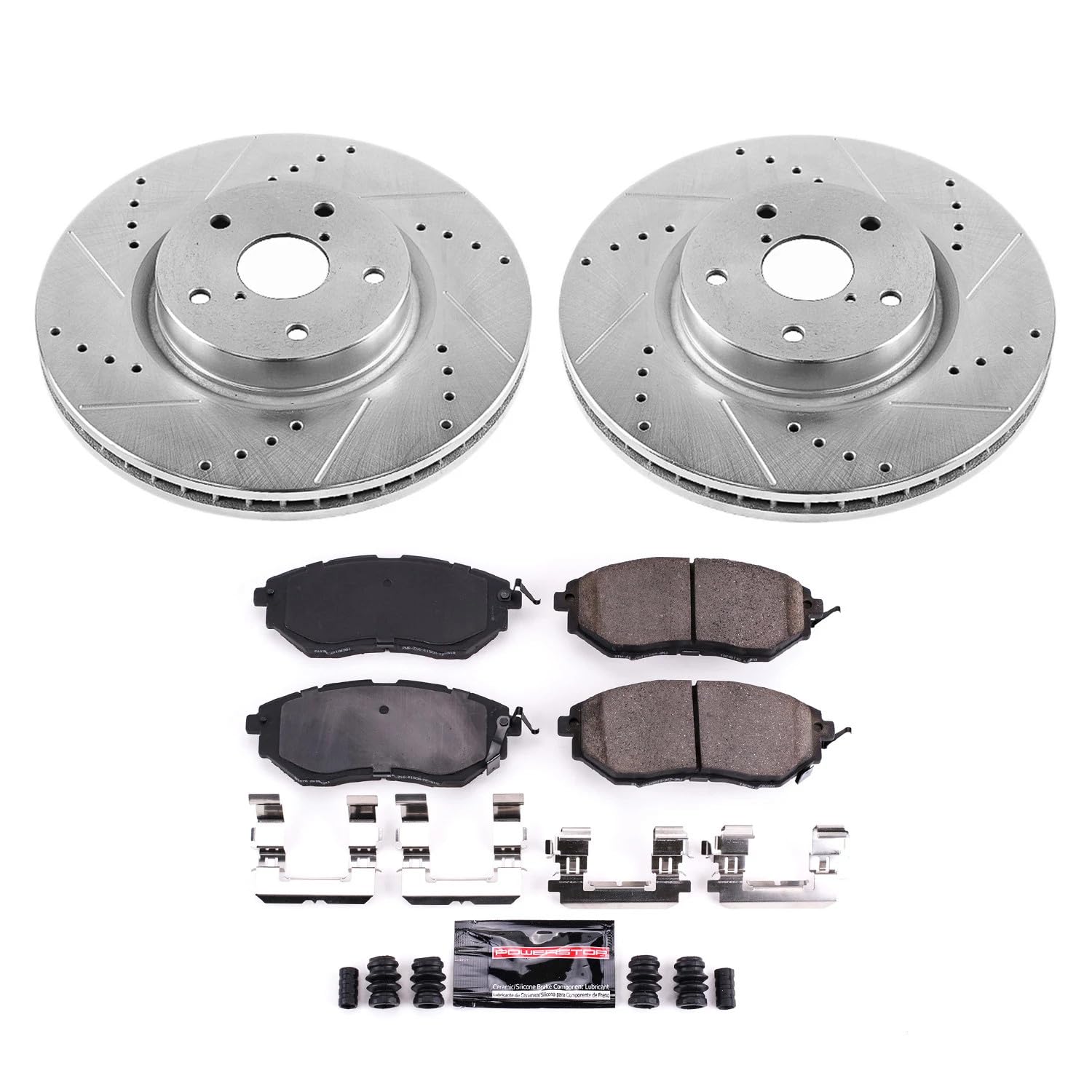Power Stop K4603 Z23 Carbon Fiber Brake Pads with Drilled and Slotted Brake Rotors Kit For Subaru Legacy Outback Tribeca WRX