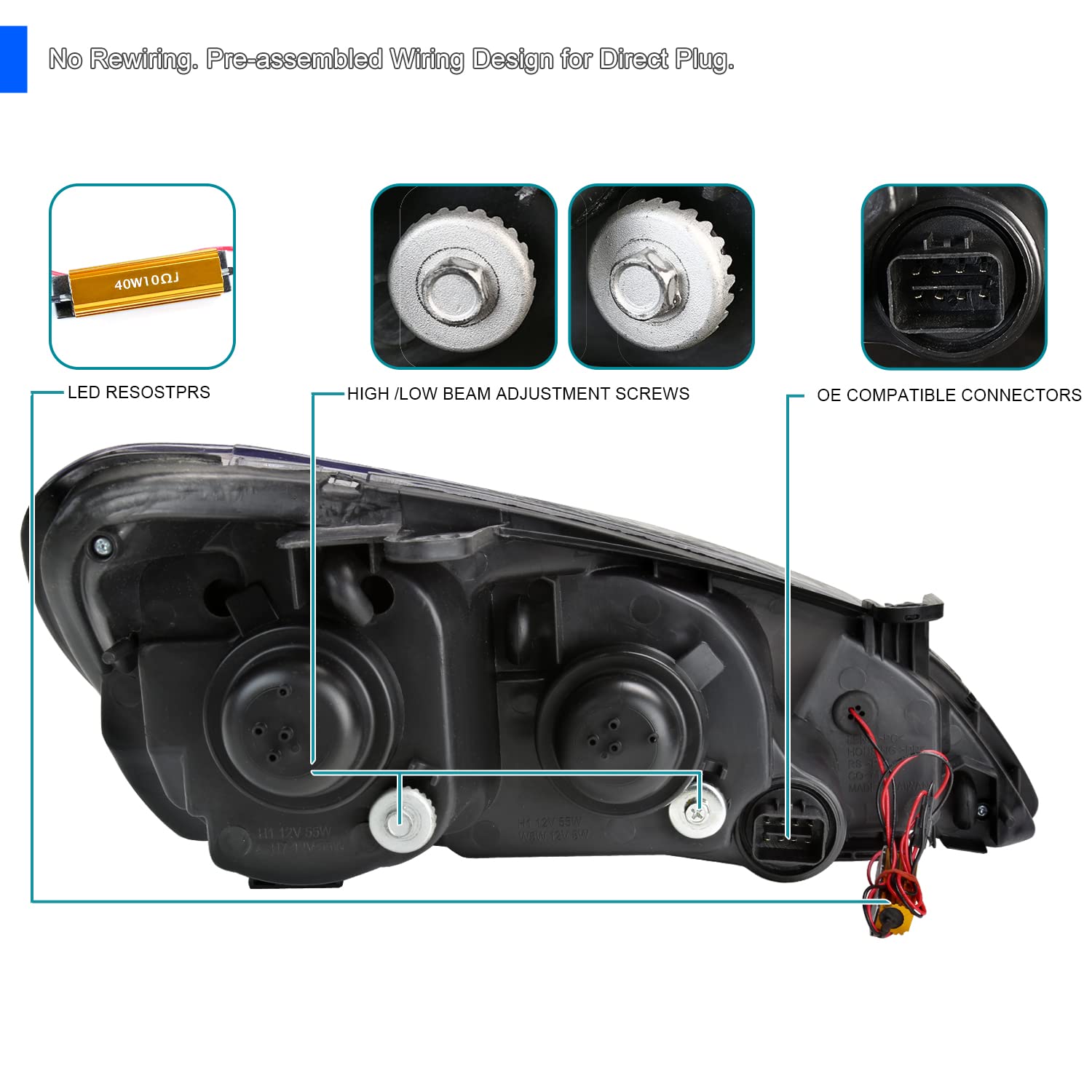 Black LED Light Bar Projector Headlights SPEC-D TUNING w/Sequential Turn Signal Compatible with 2010-2012 Hyundai Genesis Coupe, Left + Right Pair Headlamps Assembly