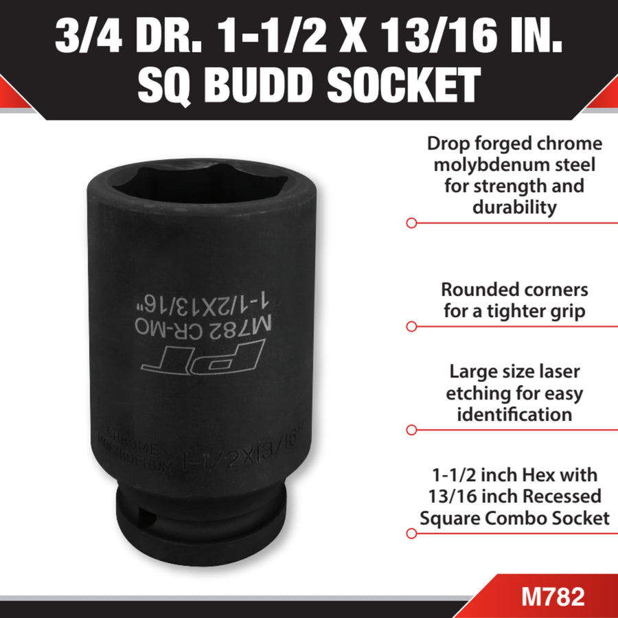 3/4-Inch Drive Performance Tool M782 1-1/2-Inch x 13/16-Inch Square Budd Socket for Heavy-Duty Automotive Repair and Maintenance Tasks