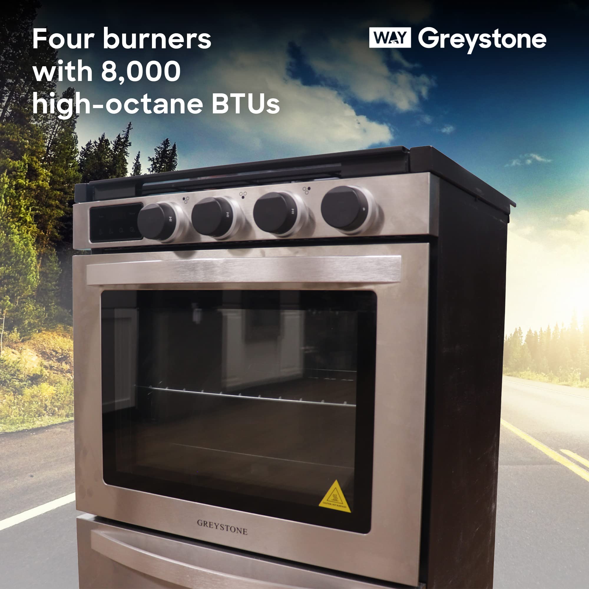 21 Inch Greystone Freestanding RV Gas Range, Stove and Oven Combo, 12 Volt, LP, 3 Burners, Stainless Steel