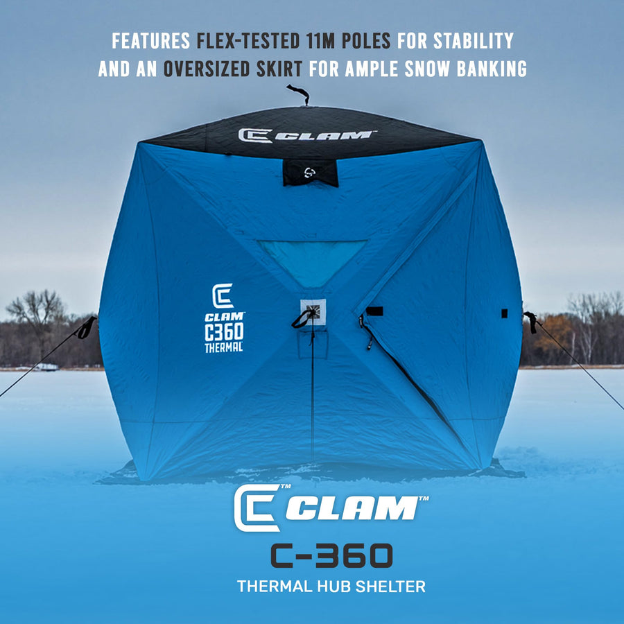 CLAM C-360 14475 Thermal Ice Fishing Shelter – Wind Resistant, Spacious Pop-Up Tent for 2-3 People with Easy Setup and Insulation for Cold Weather