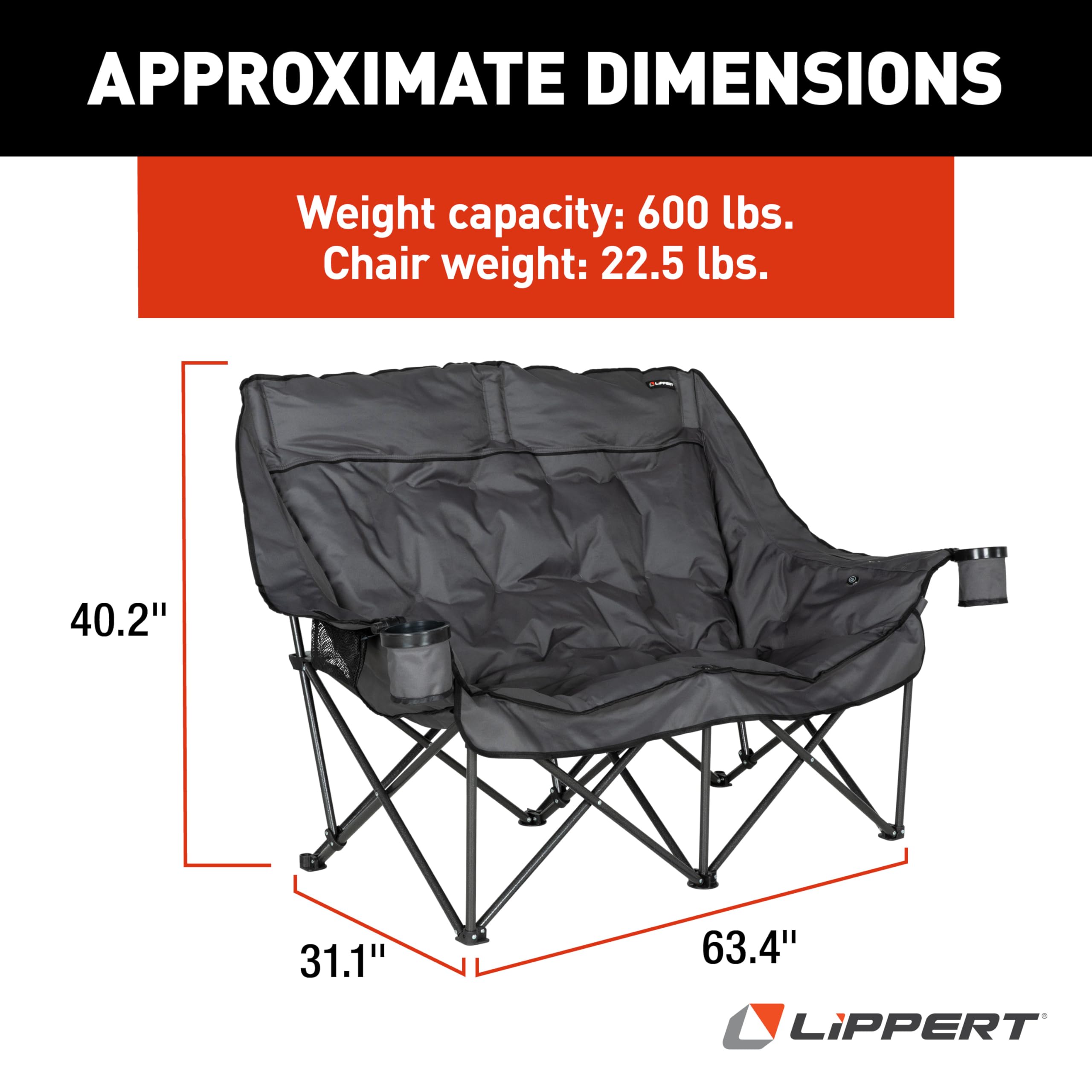 Lippert Heated Big Bear Dark Grey Folding Camping Loveseat with Power Banks, Four Heat Zones, 600-lb. Weight Capacity, 600D Polyester Fabric, High-Loft Cushioning, Zippered Carrying Bag - 2024043335