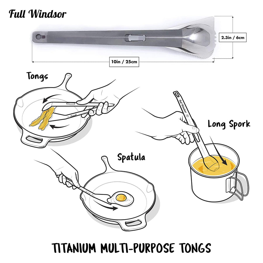 The Splitter - FULL WINDSOR Titanium Multi-Utensil Set – Compact, Lightweight Silver Spork, Tongs, Spatula & Ladle – Durable Cooking Kit for Camping, BBQ, Backpacking, Travel & Outdoor Adventures