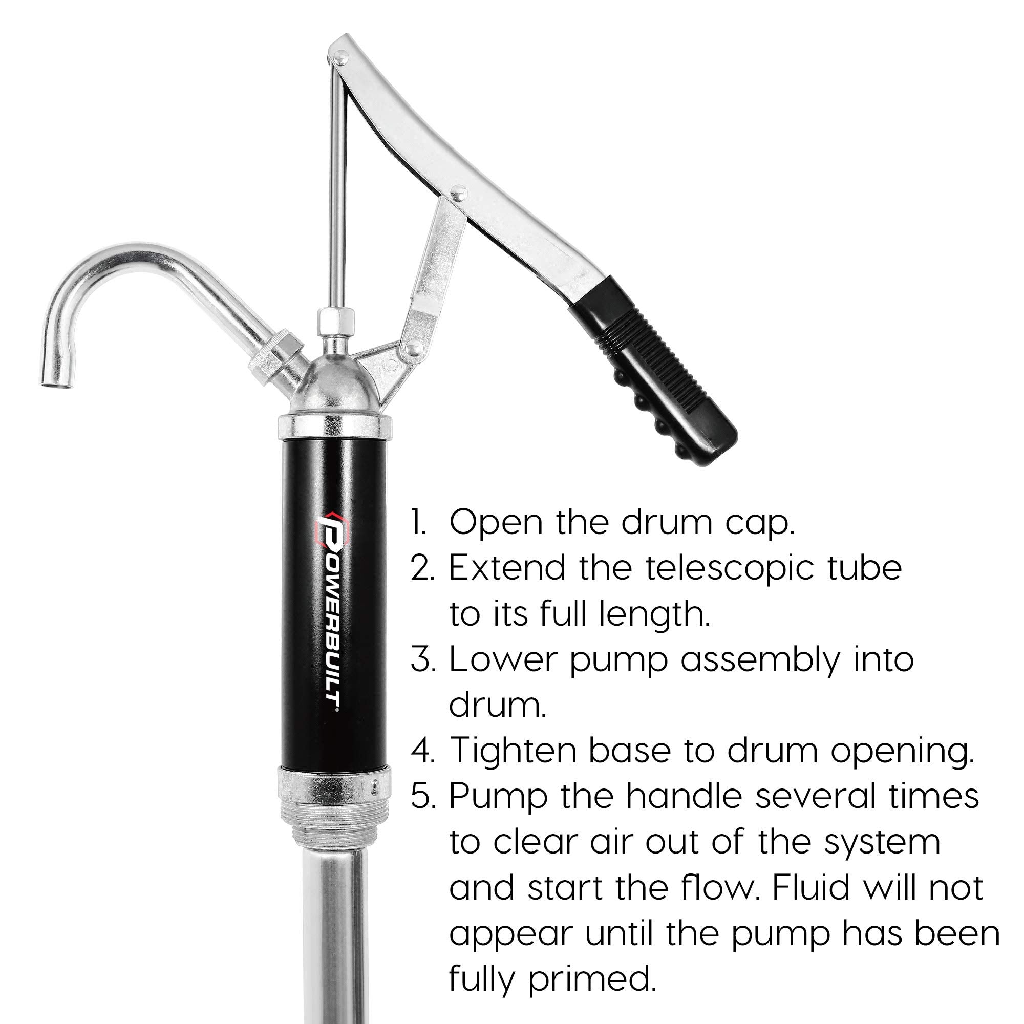 Powerbuilt Level Action Heavy Duty Barrel Pump, Drum Pump with Telescoping Suction Tube Fits 15 to 55 Gallon Drums, For Transferring Motor Oil, Heating Oil, Transmission Fluid- 648770