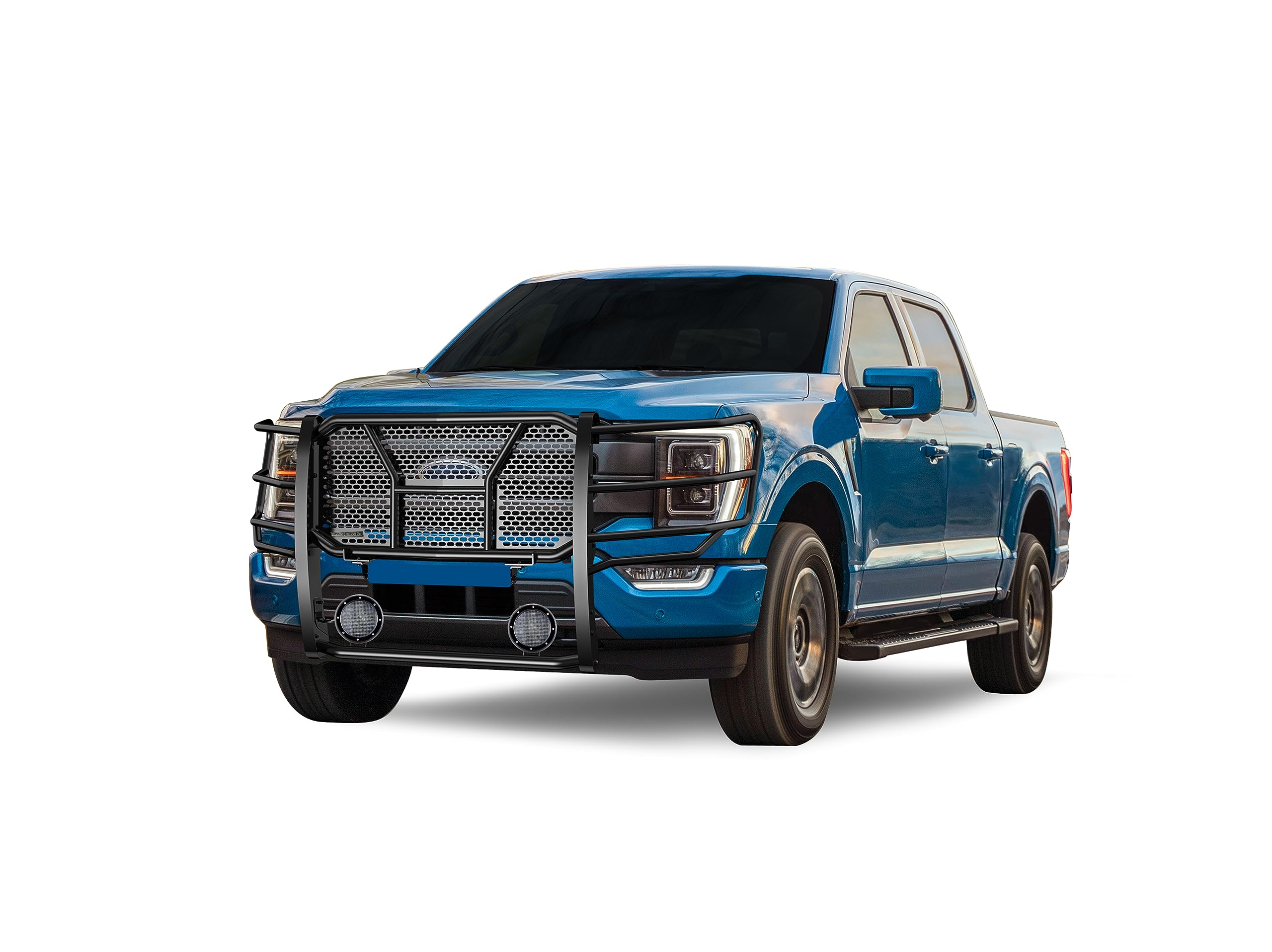 Heavy Duty Black Horse Rugged Grille Brush Bumper Guard Modular Black Come with Pair of 5.3" Dia.LED Lights with Black Trim Rings Compatible with 2021-2024 Ford F-150-RU-FOF116-B-PLFB