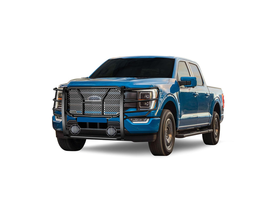 Heavy Duty Black Horse Rugged Grille Brush Bumper Guard Modular Black Come with Pair of 5.3" Dia.LED Lights with Black Trim Rings Compatible with 2021-2024 Ford F-150-RU-FOF116-B-PLFB