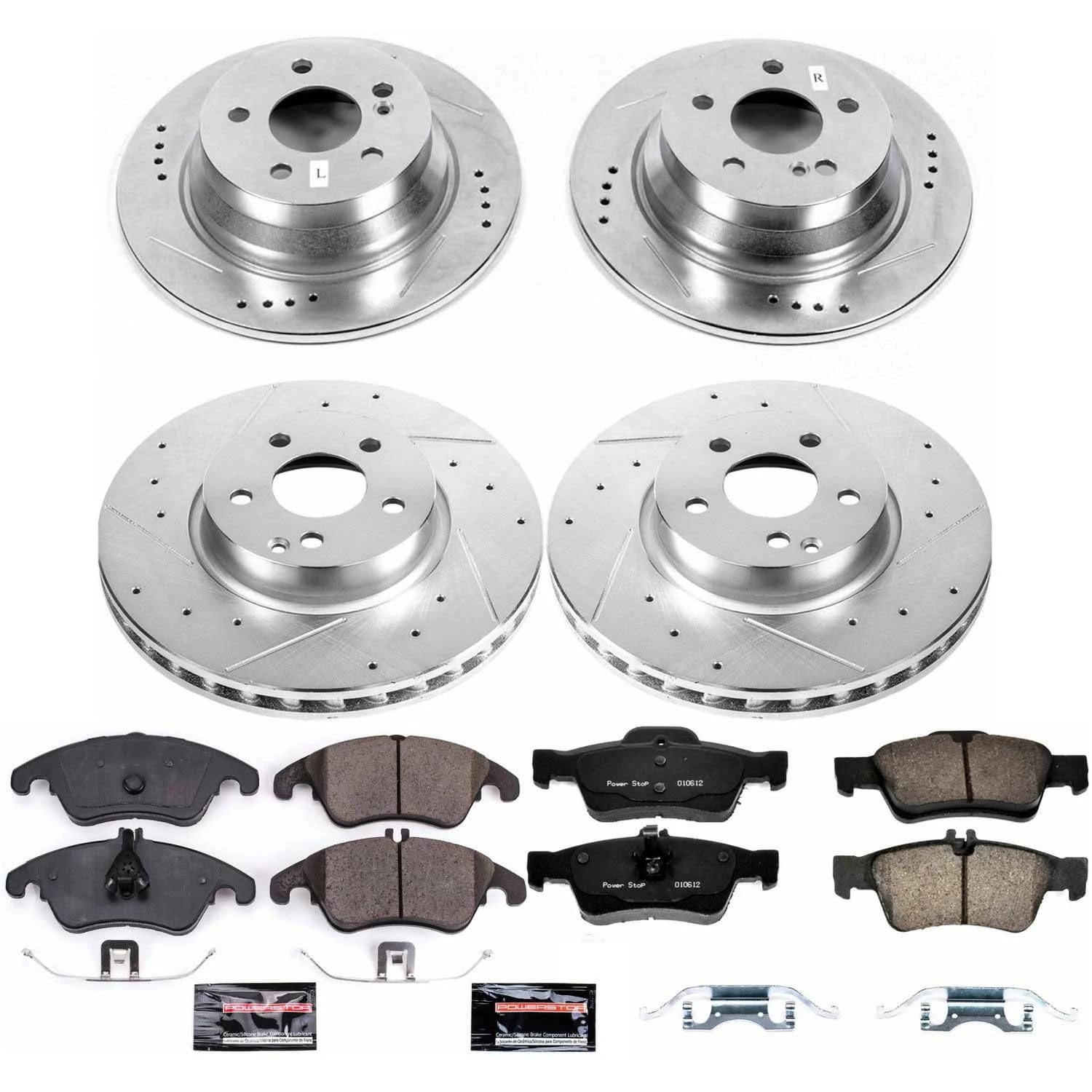Power Stop K7612 Z23 Carbon Fiber Brake Pads Front and Rear with Drilled & Slotted Brake Rotors Kit and 1 Front & 1 Rear Sensor Wires For Mercedes-Benz E250 2014-2016 [Model Specific]