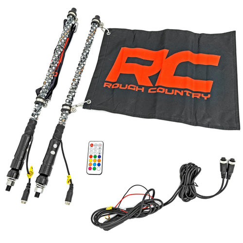 Rough Country LED Whip Lights 2' for UTV, ATV - Set of 2, 24" UTV LED Whips, Multi-Color RGB LEDs, 300 Patterns, Waterproof, Quick-Release Base