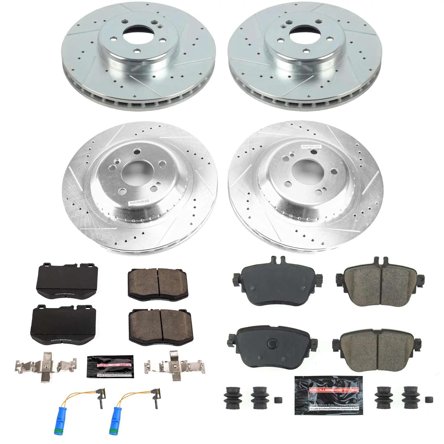 Z23 Power Stop K8072 Front and Rear Brake Kit-Drilled/Slotted Rotors & Carbon Ceramic Brake Pads For Mercedes-Benz E300 2017 [Model Specific]