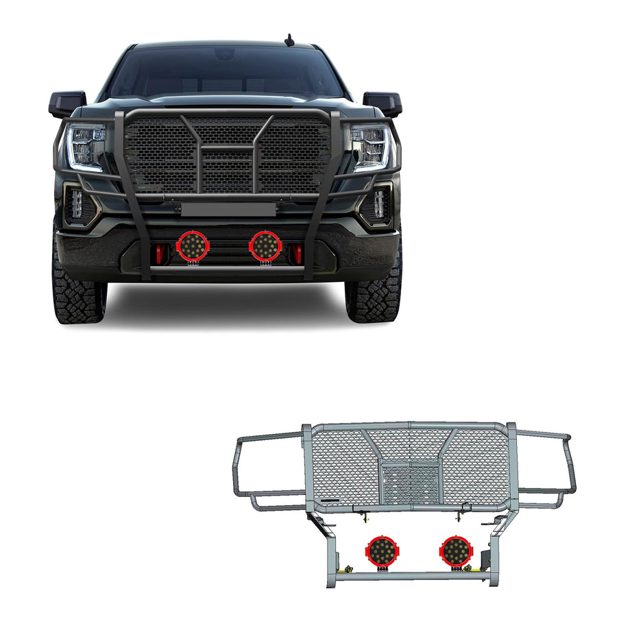 Heavy Duty Black Horse Rugged Grille Brush Bumper Guard Modular Black Come with Pair of 7.0" Dia.LED Lights with Red Trim Rings Compatible with 2019-2021 GMC Sierra 1500-RU-GMSI19-B-PLR