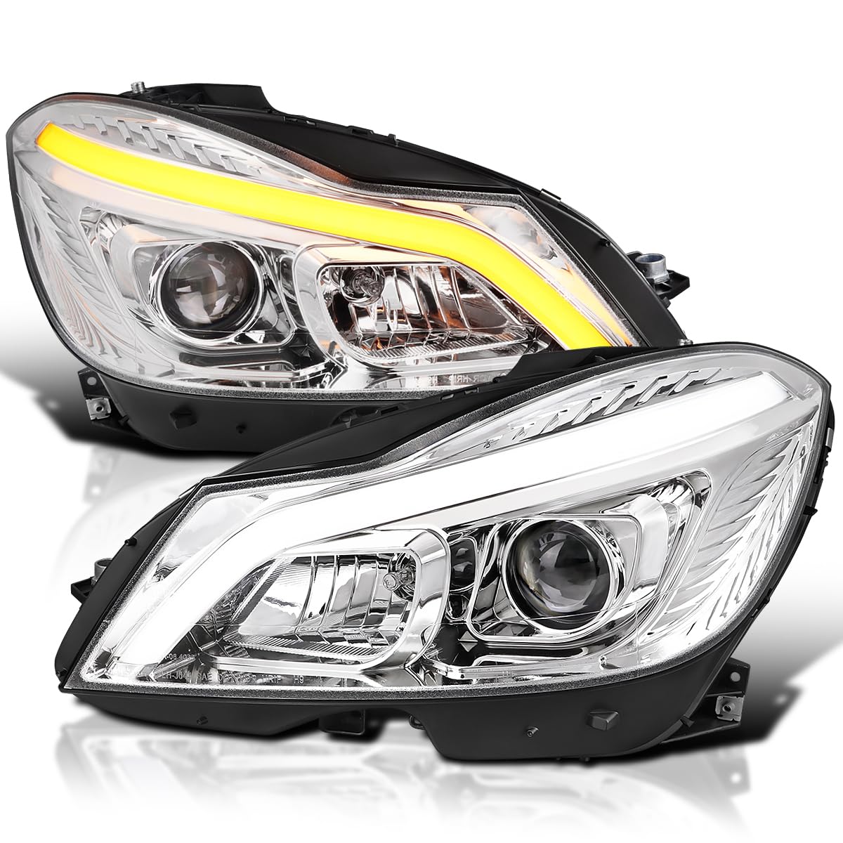 Switchback SPEC-D TUNING Chrome Sequential LED Tube Projector Headlights Compatible with 2012-2014 Mercedes-Benz W204 C-Class C250 C300 C350 C63, Left + Right Pair Headlamps Assembly