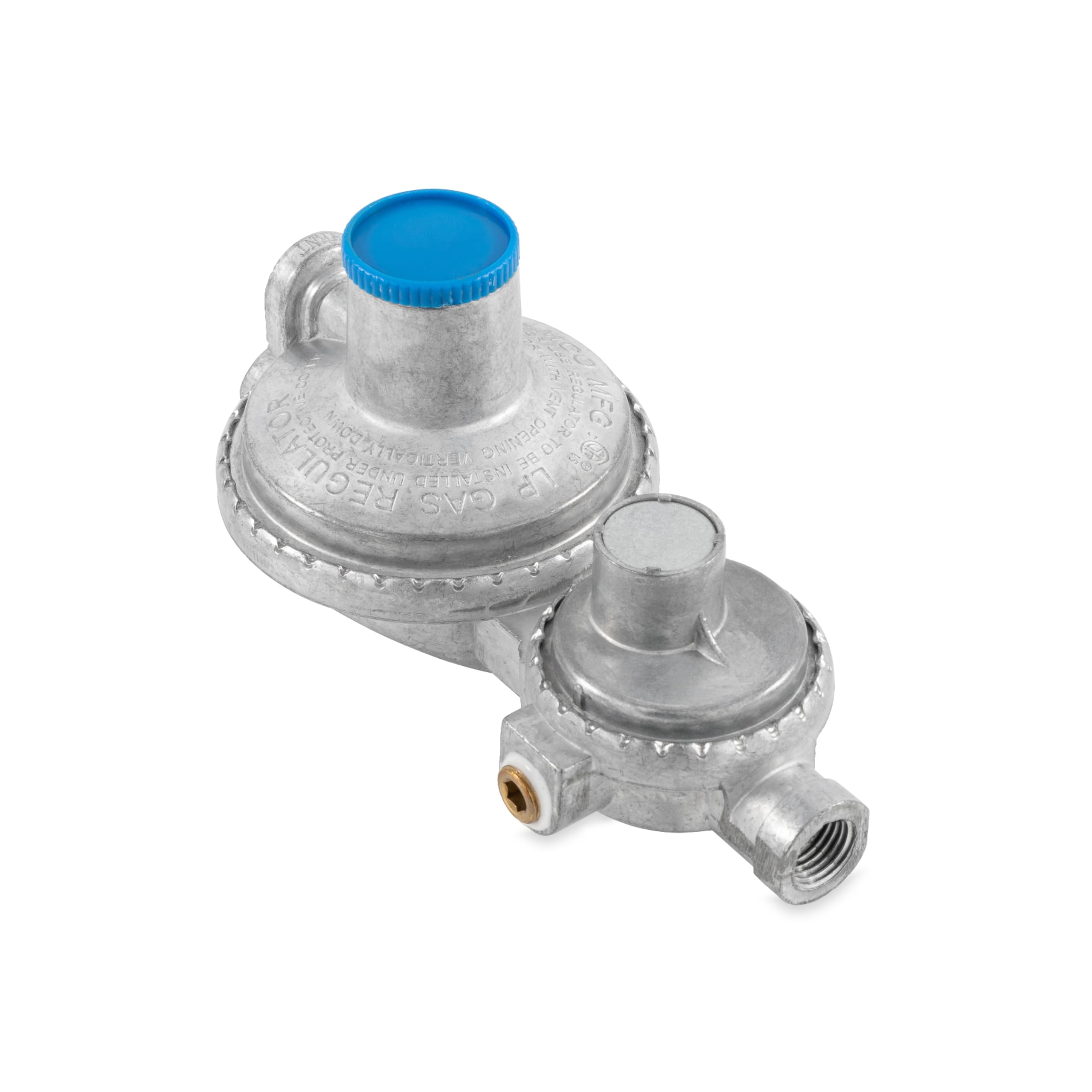 Vertical Camco Two Stage Propane Regulator - Compatible with 20 lb or 30 lb Propane Tanks with ACME Threads - 1/4-inch Female NPT inlet and 3/8-inch Female NPT outlet (59313)