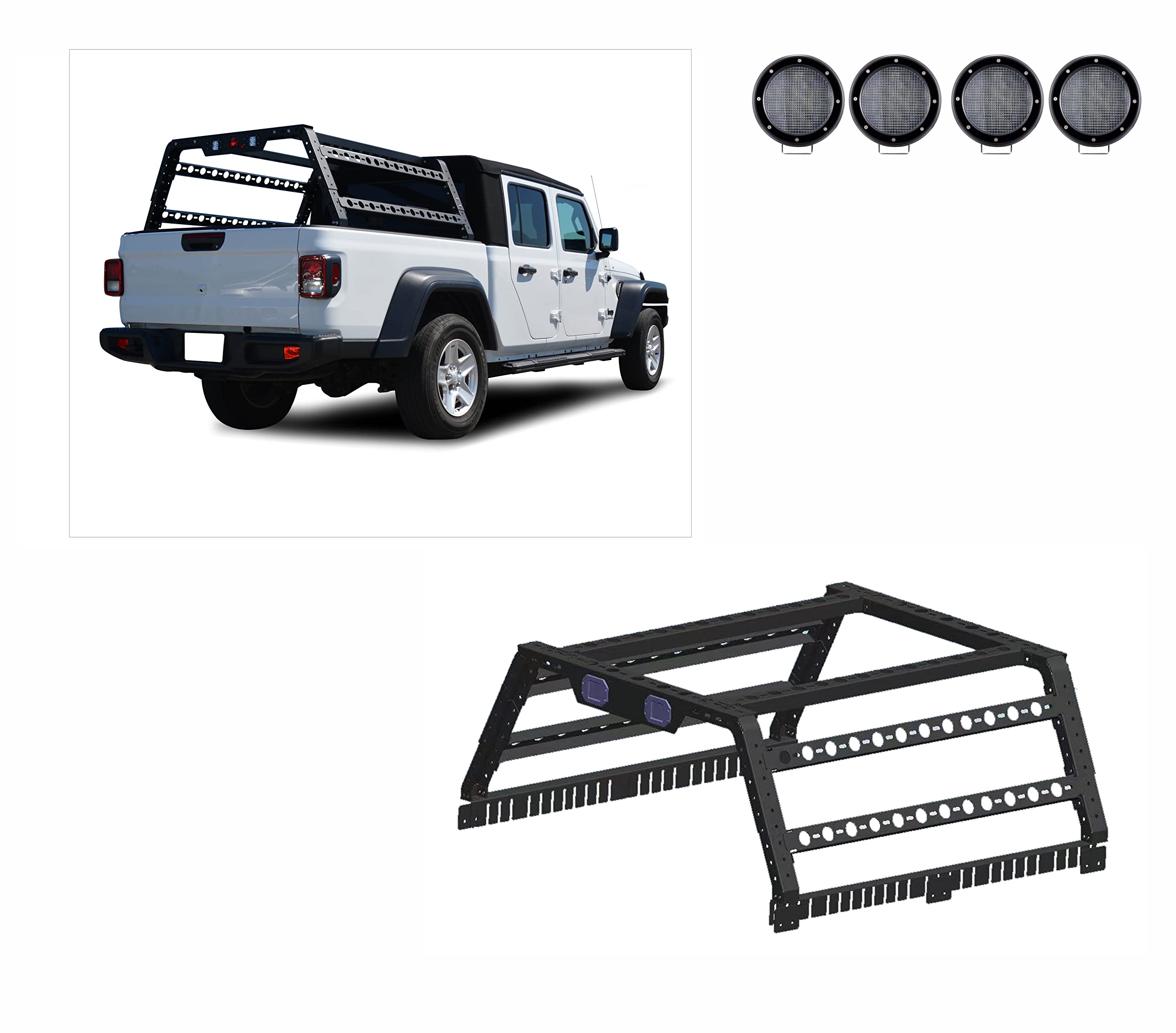Overland Black Horse Bed Rack Incl.Set of 5.3" Dia.LED Light w/Black Trim Rings Compatible with Full Size and Small Trucks, Dodge Ram,Gladiator, Titan, GMC, Chevrolet, Ford, Frontier-TR01B-PLFB
