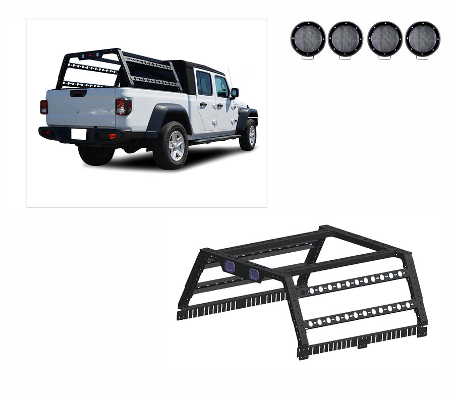 Overland Black Horse Bed Rack Incl.Set of 5.3" Dia.LED Light w/Black Trim Rings Compatible with Full Size and Small Trucks, Dodge Ram,Gladiator, Titan, GMC, Chevrolet, Ford, Frontier-TR01B-PLFB