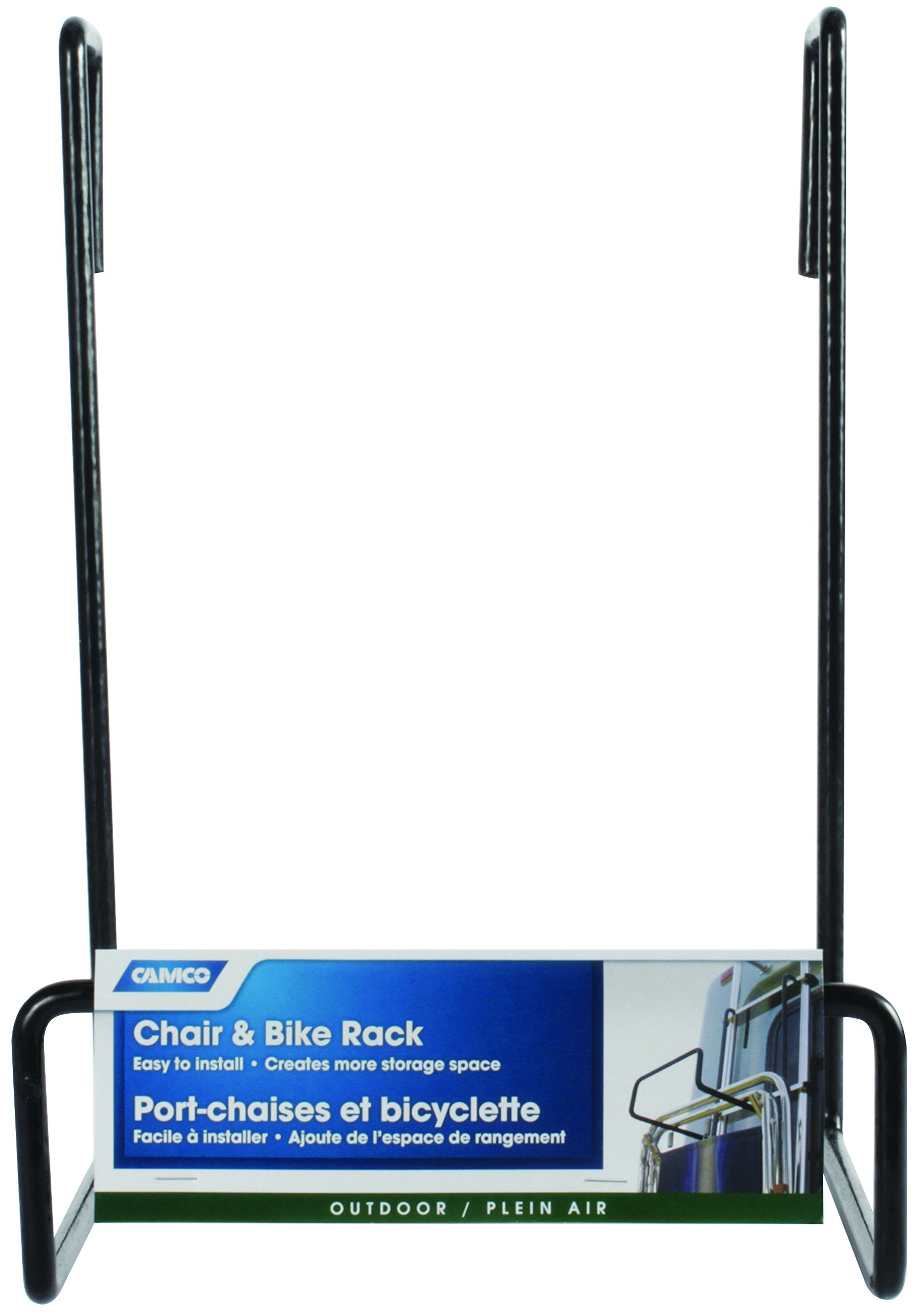 Camco - Heavy Duty 21029 Chair Rack- Hook on RV Ladder to Support Folding Chairs, Picnic Chairs, and Beach Chairs During Travel- Black (51490)