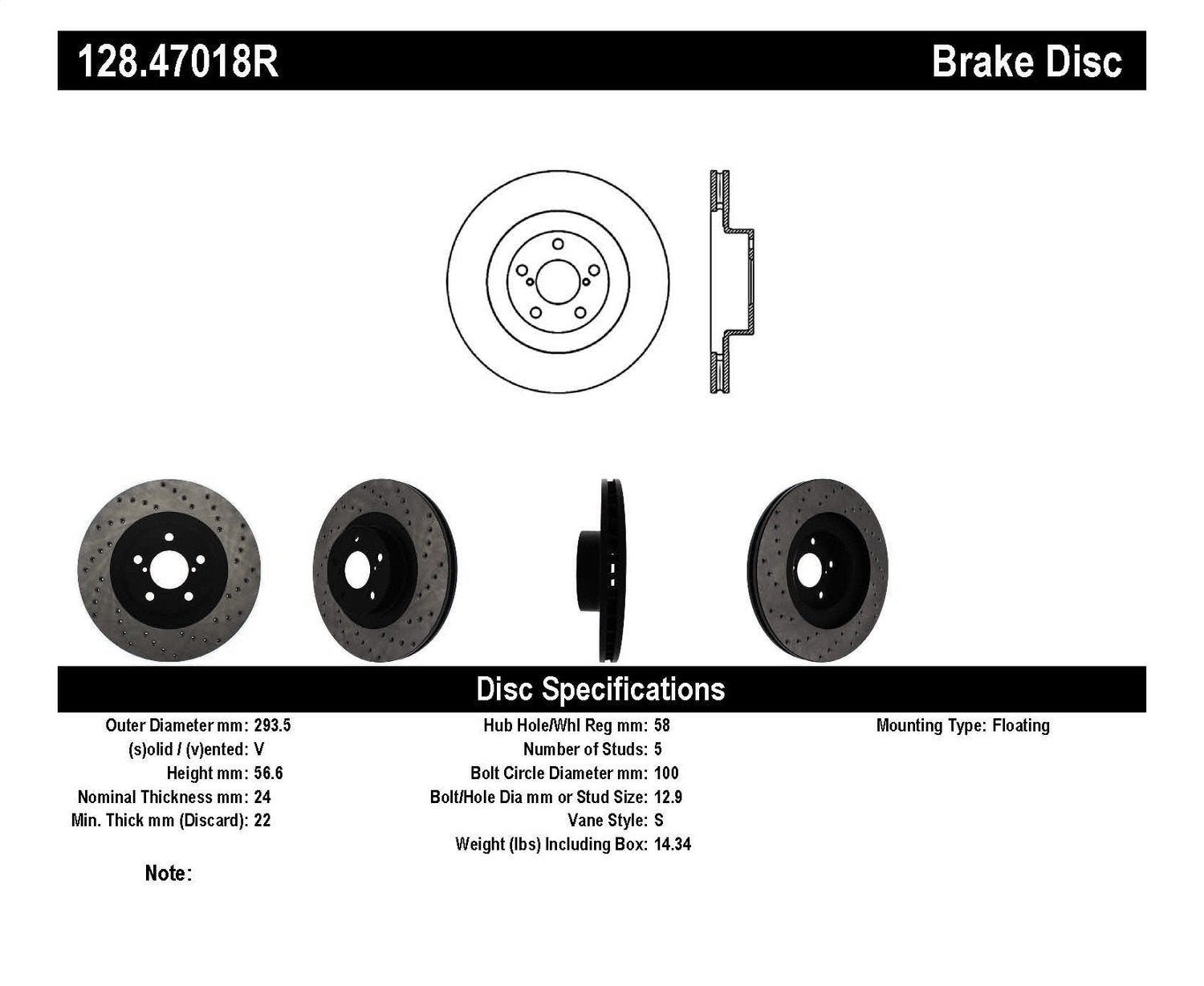 Front Right StopTech 128.47018R Sport Cross Drilled Brake Rotor