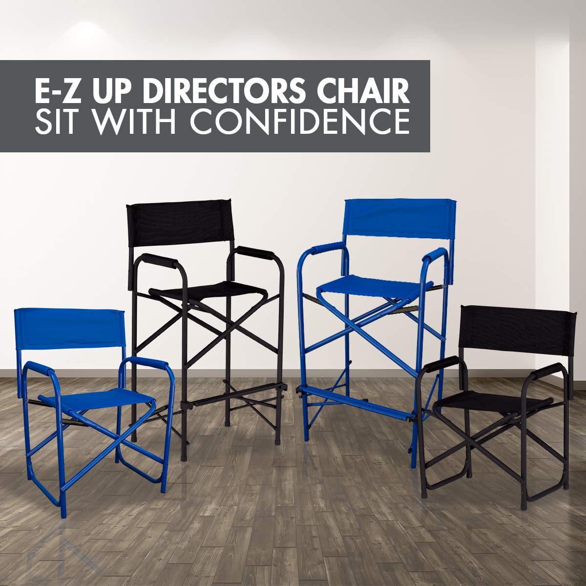 E-Z UP Directors Chair Standard Height, Seat 17.5” High, Padded Armrests and Storage Bag, Blue