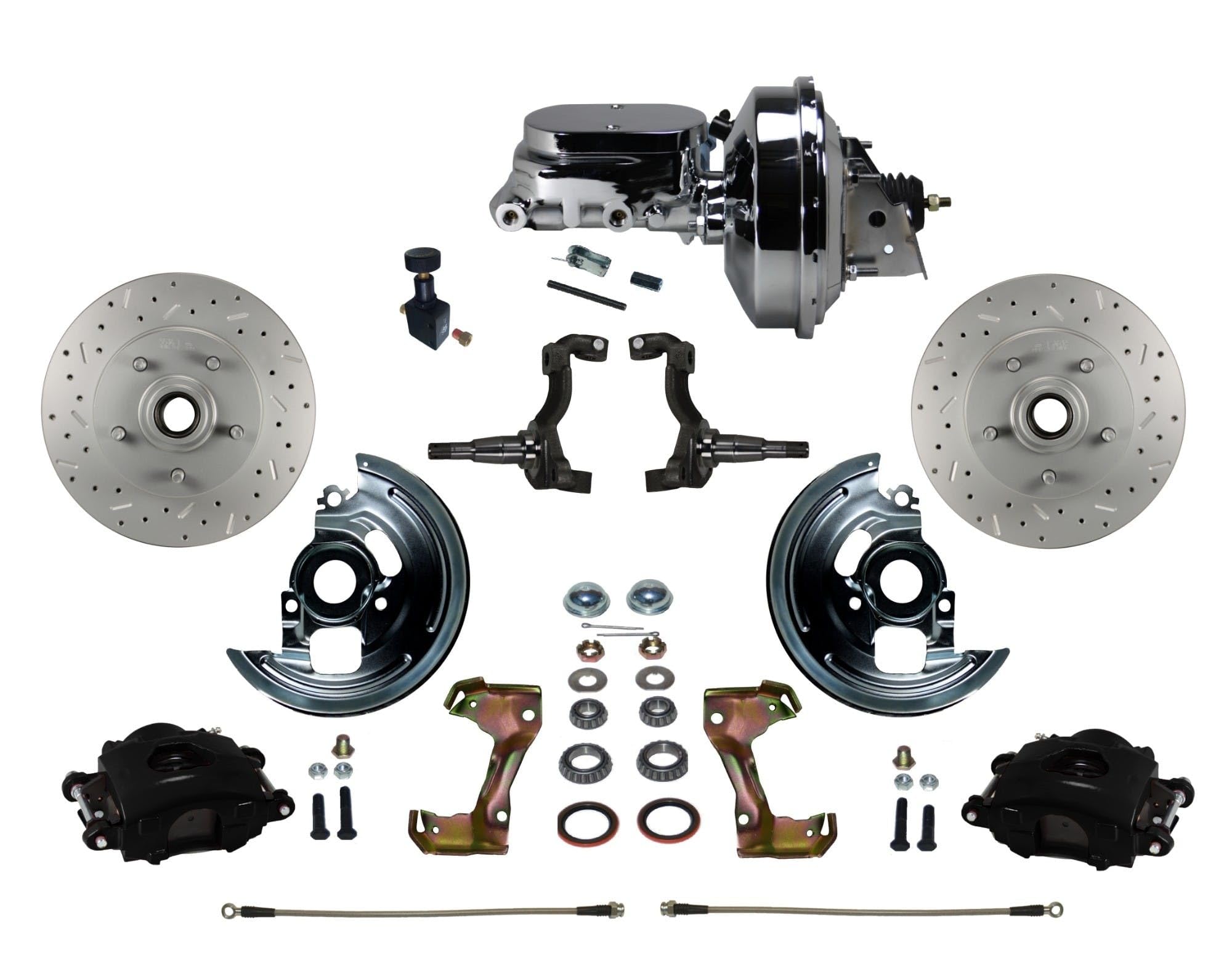 Power Front Disc Brake Kit LEED BRAKES Drilled And Slotted Rotors, Black Powder Coated Calipers With 9" Chrome Booster, Chrome M/C Adjustable Proportioning Valve