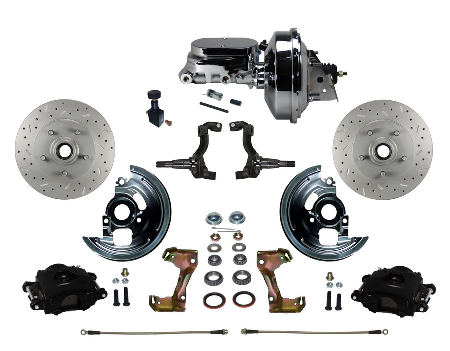 Power Front Disc Brake Kit LEED BRAKES Drilled And Slotted Rotors, Black Powder Coated Calipers With 9" Chrome Booster, Chrome M/C Adjustable Proportioning Valve