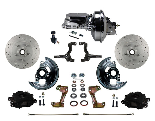 Power Front Disc Brake Kit LEED BRAKES Drilled And Slotted Rotors, Black Powder Coated Calipers With 9" Chrome Booster, Chrome M/C Adjustable Proportioning Valve