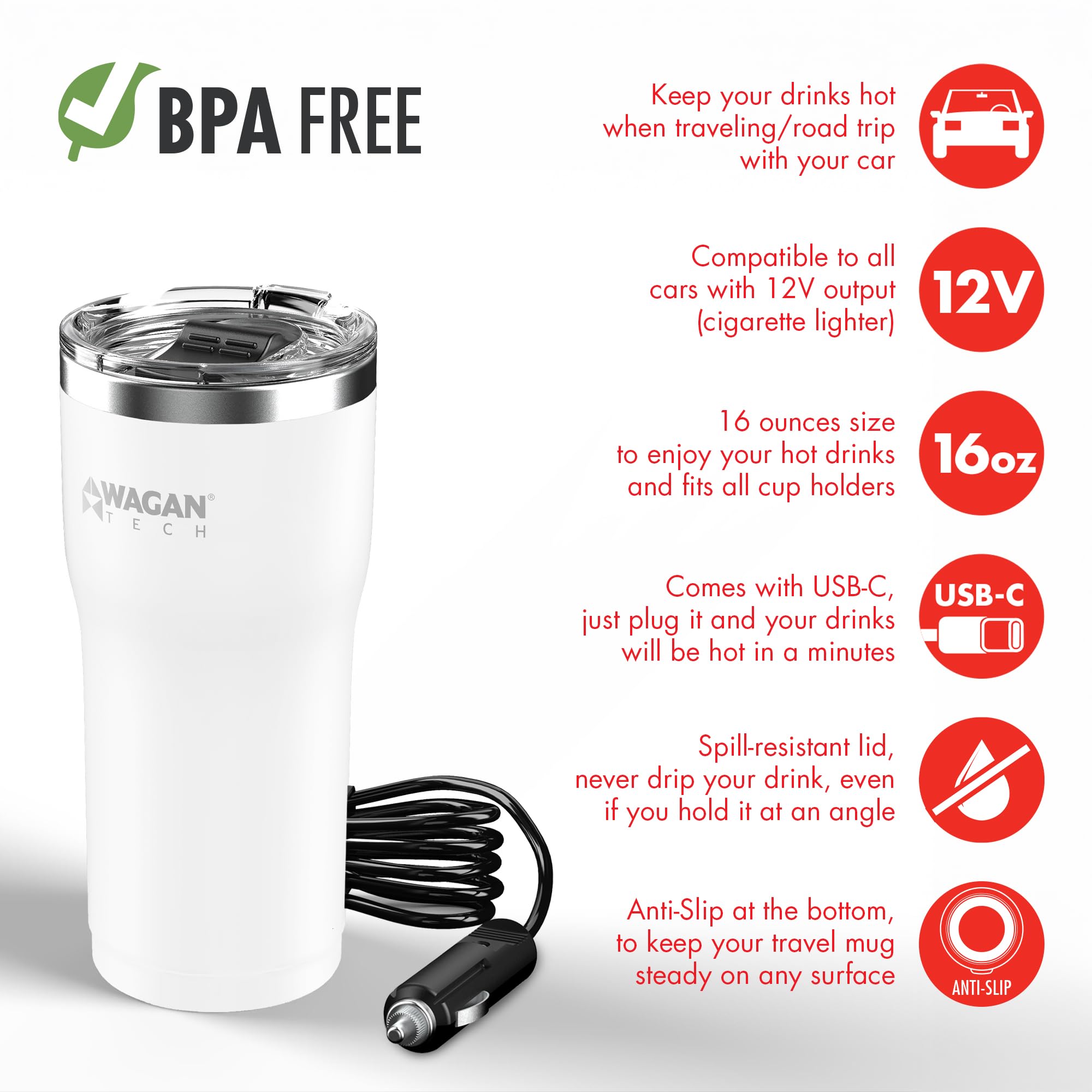 12V Travel Car Wagan EL6102 Heated Mug Portable 16oz Stainless Steel Anti-Spill Lid Slip resistant base Car Coffee Warmer Coffee Cup USB–C PD20W 12V DC (White)