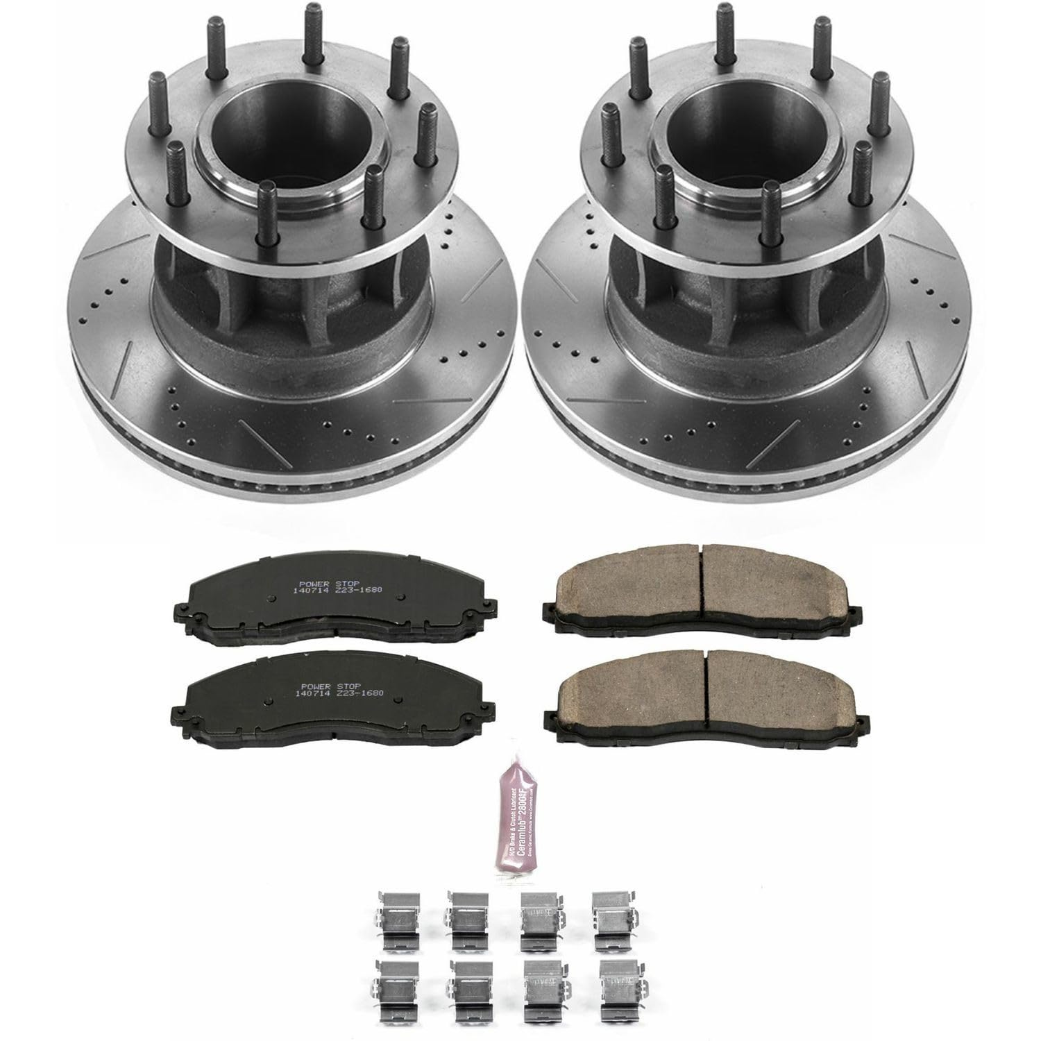 Power Stop K7669 Z23 Carbon Fiber Brake Pads Front with Drilled & Slotted Brake Rotors Kit For Ford F-350 Super Duty 2017-2022 [Model Specific]